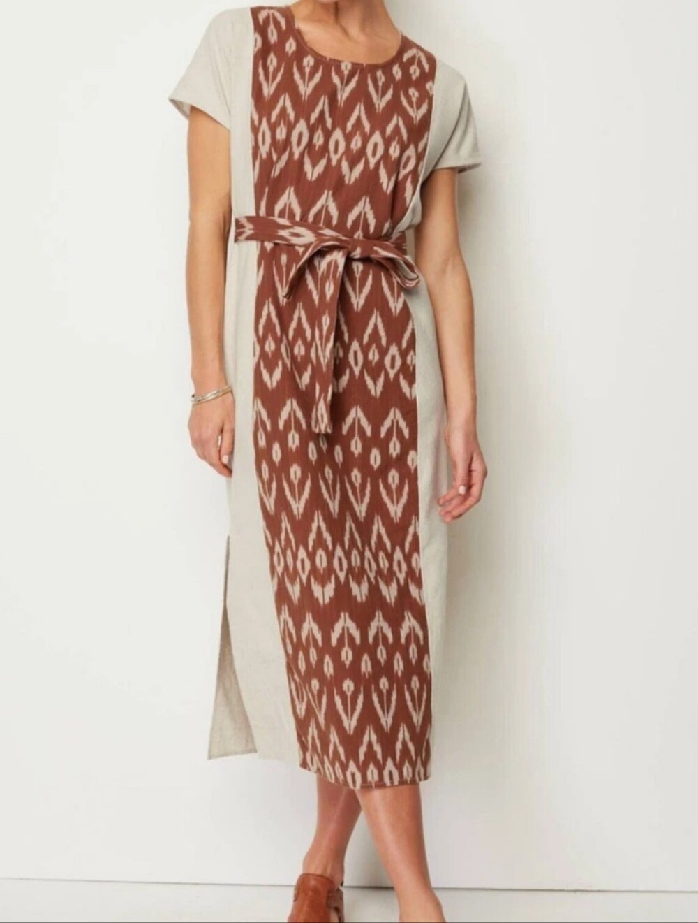 🔥J. Jill Beige and Brown Ikat Panel Tie-Waist Dress NWT